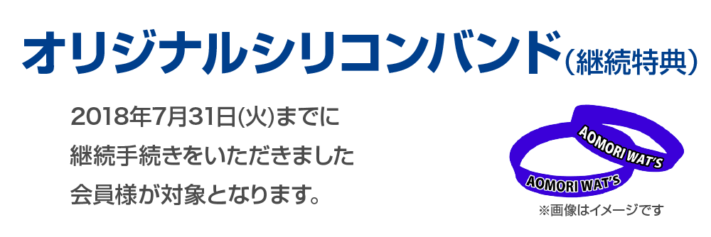 オリジナルシリコンバンド(継続特典)、2018年7月31日(火)までに継続手続きをいただきました会員様が対象となります。